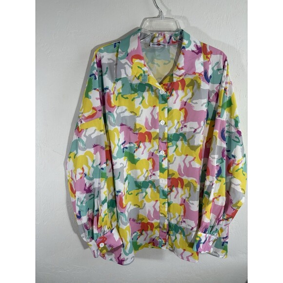 Nylon Apparel Women’s Horse Pastel Print Large Long Sleeve Collared Button Shirt - Picture 3 of 9